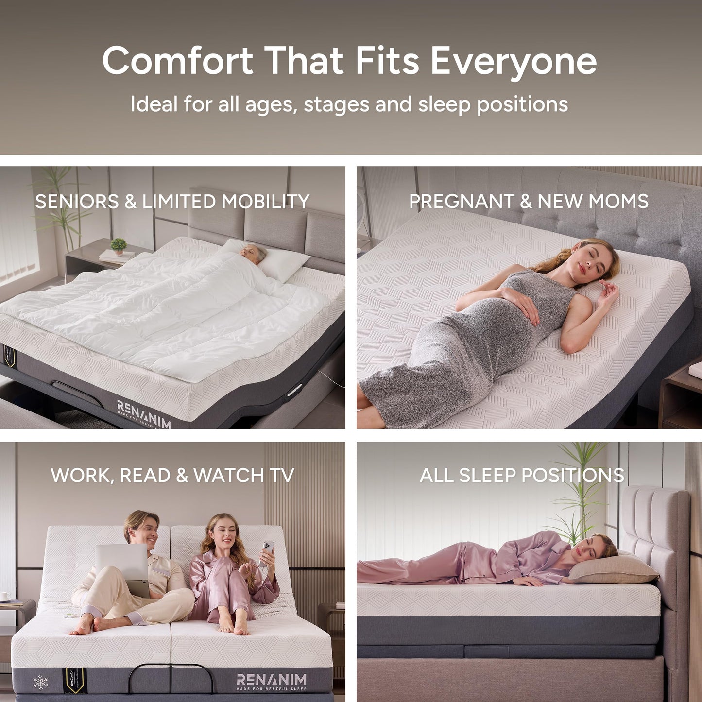 Renanim SFE Cal King Adjustable Bed Frame - Zero Clearance Smart Frame, Electric Massage, Wireless Remote for Head & Foot Lift, 3 Height-Adjustable Legs - Zero Gravity - Underbed Lights & 4 USB Ports