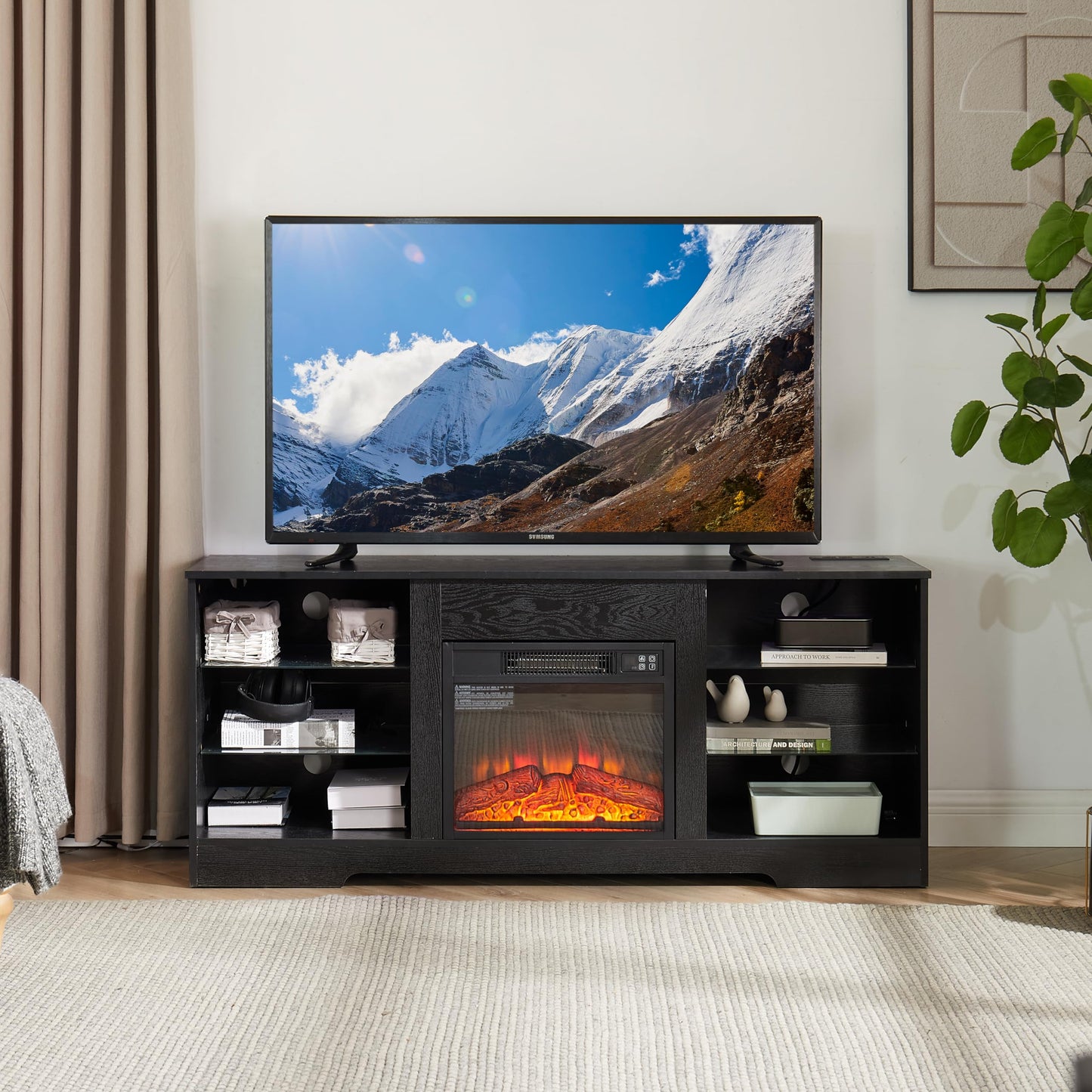 KEIKI 58" Electric Fireplace TV Stand for TVs Up to 62 inch, Modern Media Entertainment Center with LED Lights & Glass Shelves & USB Charging Outlet, TV Console Cabinet for Living Room, Black