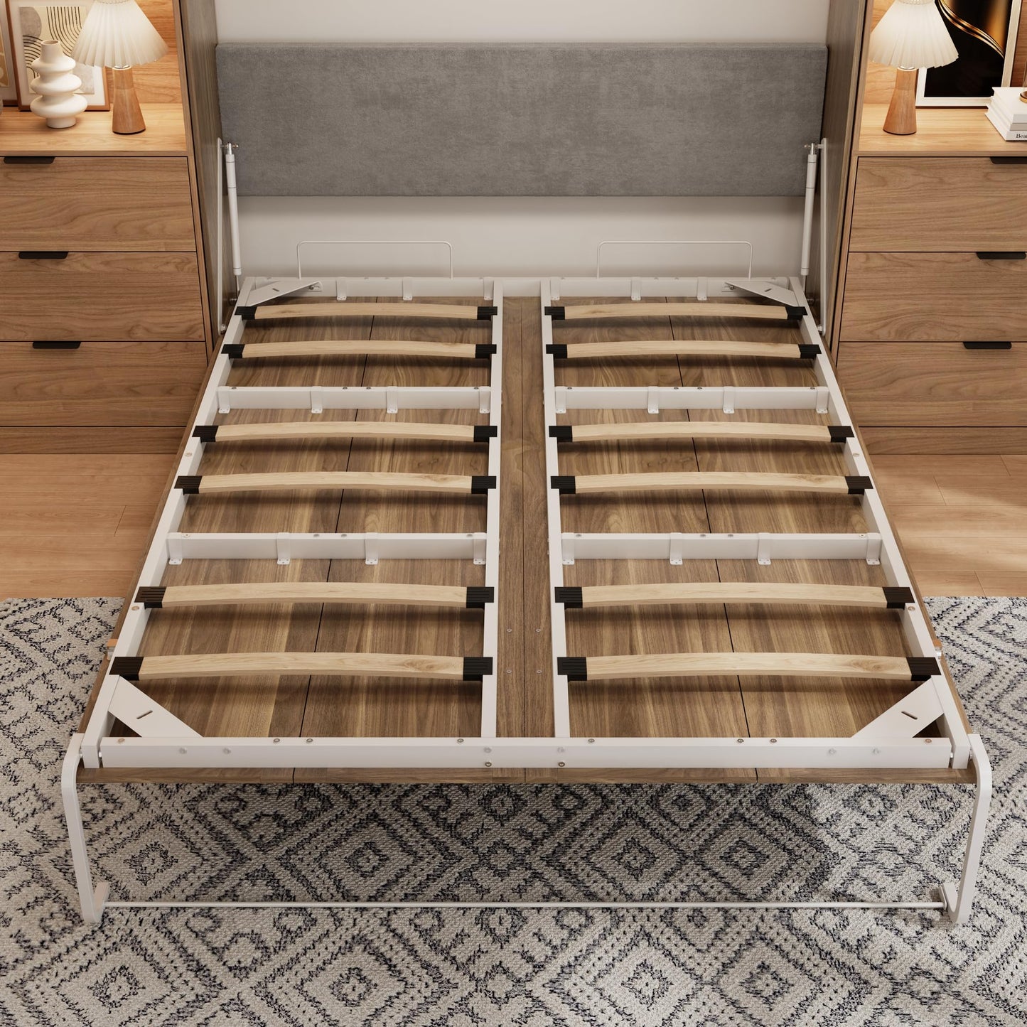 Jiaoun Queen Murphy Bed,Farmhouse Guest Beds,Folding Wall Bed with Hydraulic Bar,64" W Twin Murphy Beds with 2 LED Storage Cabinet for Small Spaces/Offices/Apartments/Guest Room,Brown+Walnut