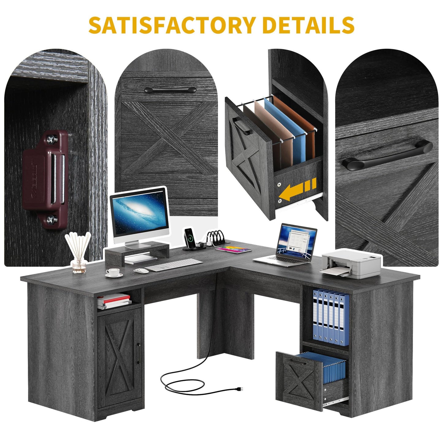 DWVO L Shaped Desk with File Drawer, 60" Corner Computer Desk with Power Outlets, Home Office Desk with Monitor Stand & Storage Shelves & File Cabinet, Grey