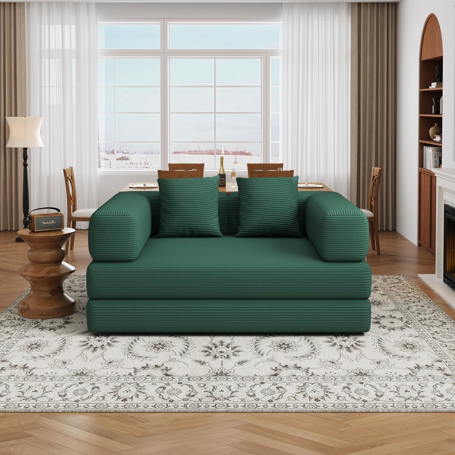 4 in 1 Convertible Sofas Boneless Couches with 2 Pillow, Modern Corduroy Futon Bed, Modular Queen Sofa with Pull-Out Bed, LoveSeat for Living Room, Small Space Apartment (Green, 53.15"Double Sofa)