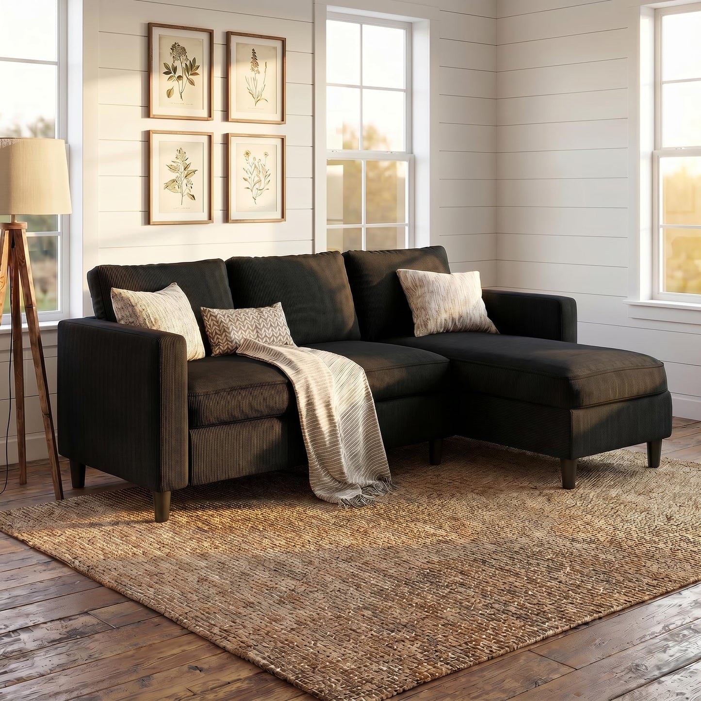 SUNLEI L-Shaped Sectional Sofa, Sectional Couches with Reversible Ottoma, 3-Seat Small Couch, Modern Ribbed Fabric Sofa for Living Room Apartment, Compact Comfy Upholstered Couch, Matte Black