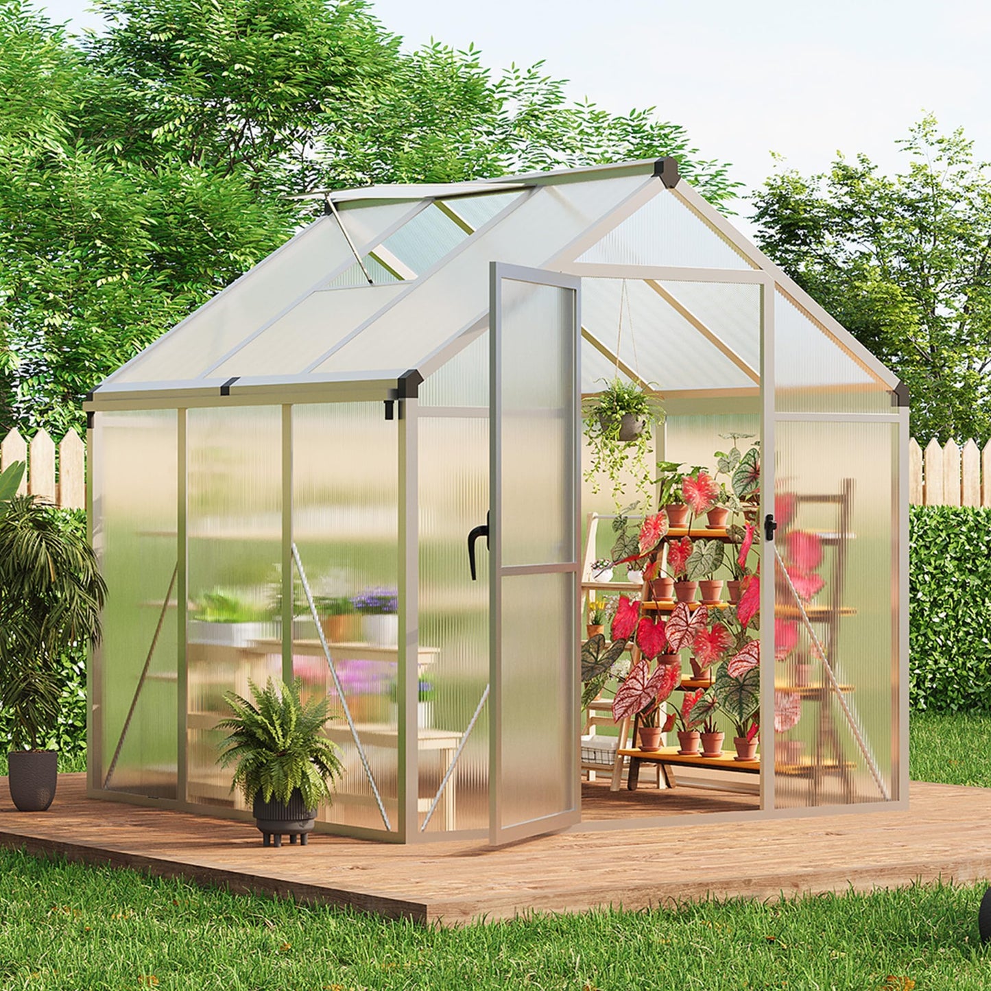6 x 6 FT Greenhouse, Outdoor Greenhouses, Polycarbonate Panels with Aluminum Frame, Adjustable Roof Vent and Lockable Door, Green Houses for Outside Backyard, Garden, Patio