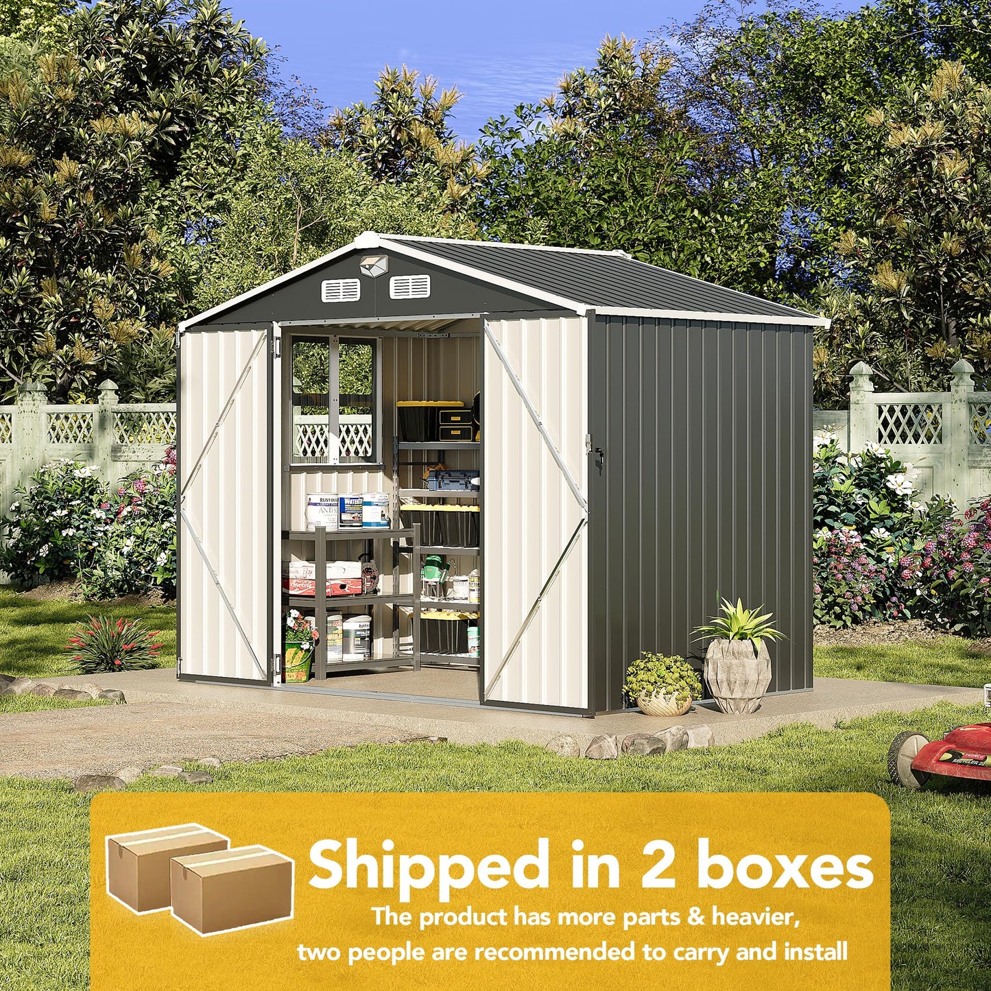 OneBlis 8x6FT Outdoor Storage Shed, Tool Shed with Sloping Roof and Lockable Door, Galvanized Metal Shed for Backyard Garden Patio Lawn, Black