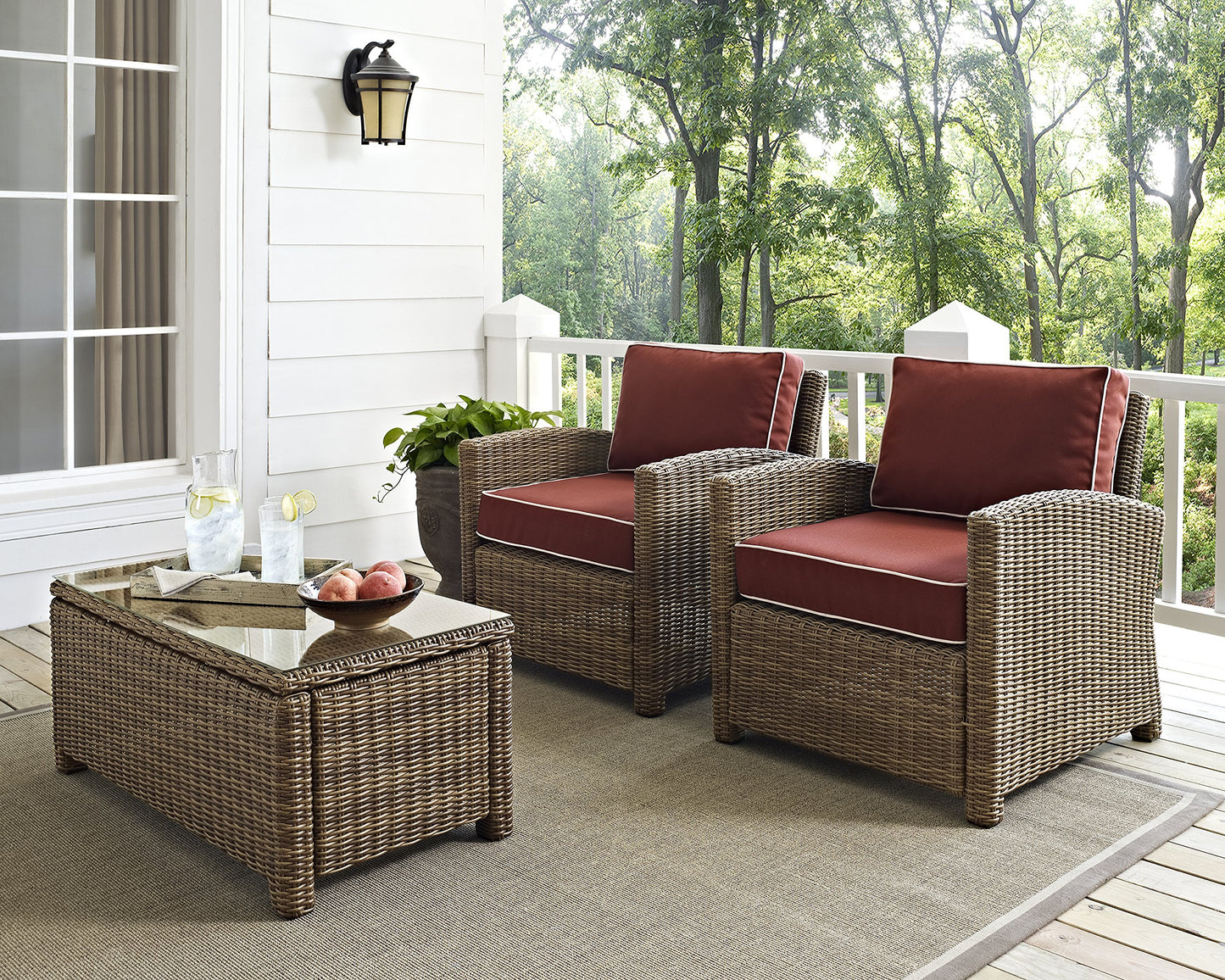 Crosley Furniture Bradenton 2-Piece Outdoor Chair Set, Wicker Patio Chairs for Conversation, Porch, Deck, Brown with Sangria Cushions