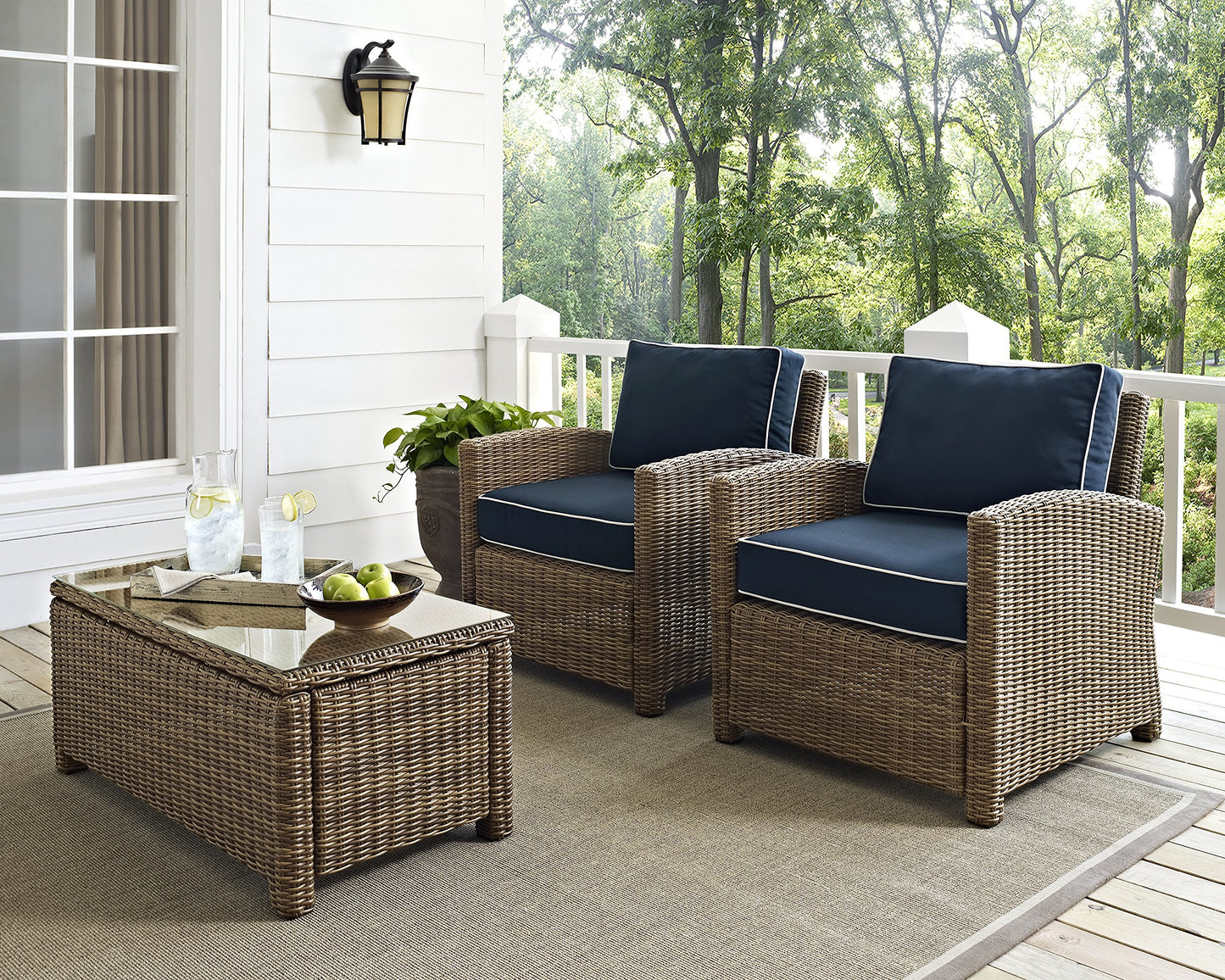 Crosley Furniture Bradenton 2-Piece Outdoor Chair Set, Wicker Patio Chairs for Conversation, Porch, Deck, Brown with Navy Cushions