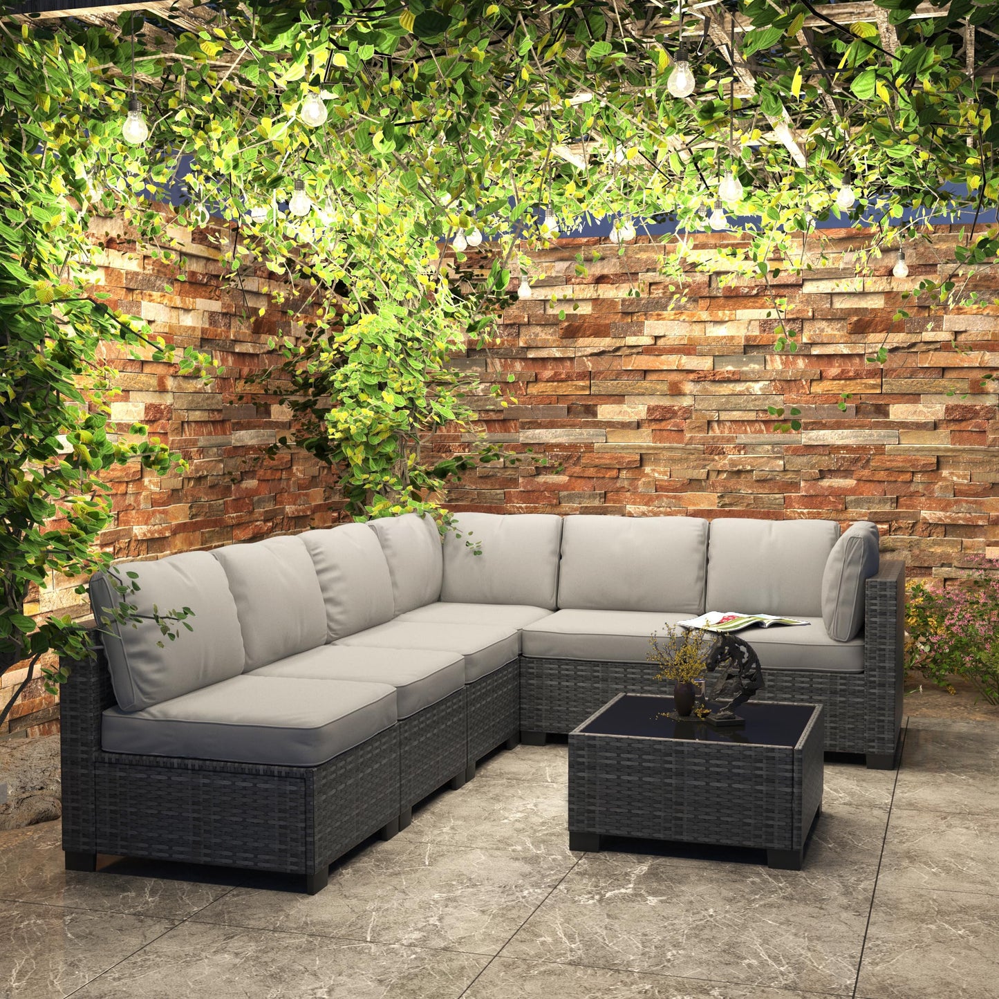 GarveeHome 7 Piece Patio Furniture Set, PE Rattan Wicker Sectional Sofa Set with Cushions & Glass Top Coffee Table, Outdoor Conversation Furniture for Garden, Balcony, Porch, Backyard