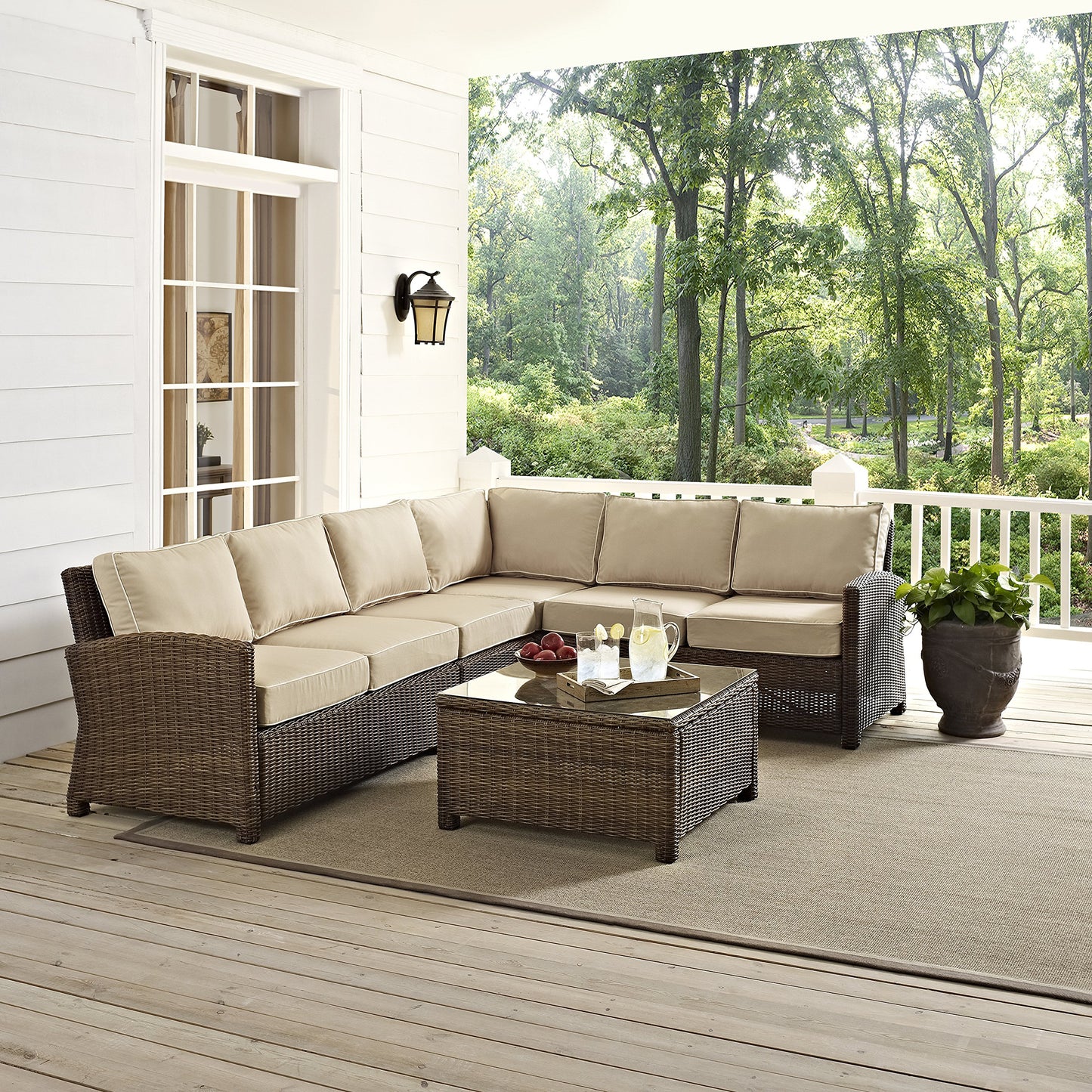 Crosley Furniture Bradenton 5-Piece Outdoor Sectional Sofa Wicker Conversation Patio Furniture Set for Deck, Brown with Sand Cushions