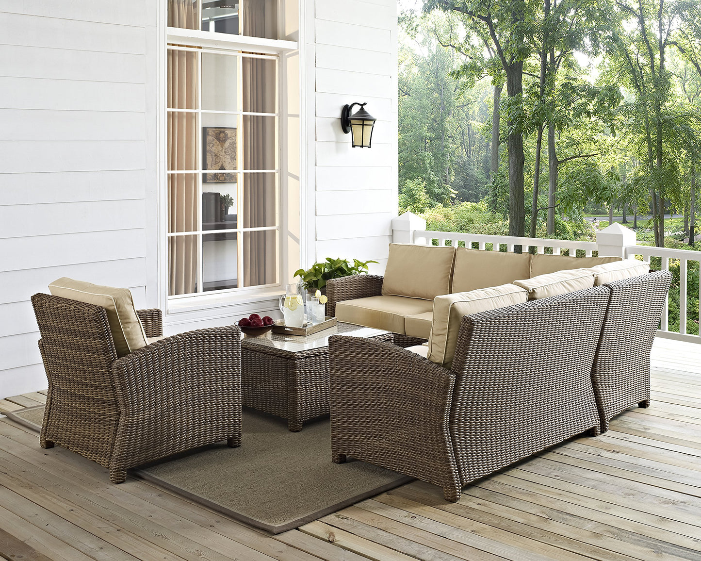 Crosley Furniture Bradenton 5-Piece Outdoor Sectional Sofa Wicker Conversation Patio Furniture Set for Deck, Brown with Sand Cushions