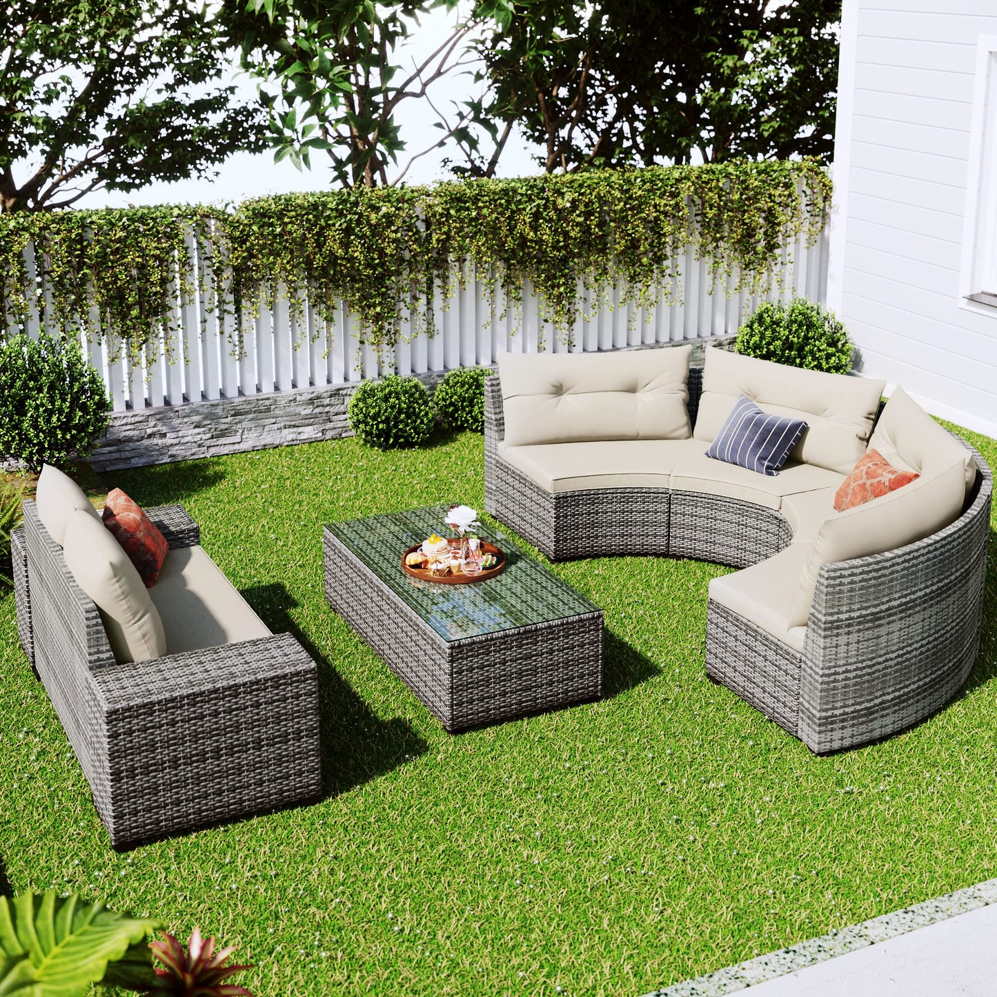 Merax 8-Pieces Outdoor Wicker Round Sectional Curved Sofa Set with Rectangular Coffee Table, PE Rattan Water-Resistant and UV Protected, Movable Cushion, Half-Moon Style, Beige