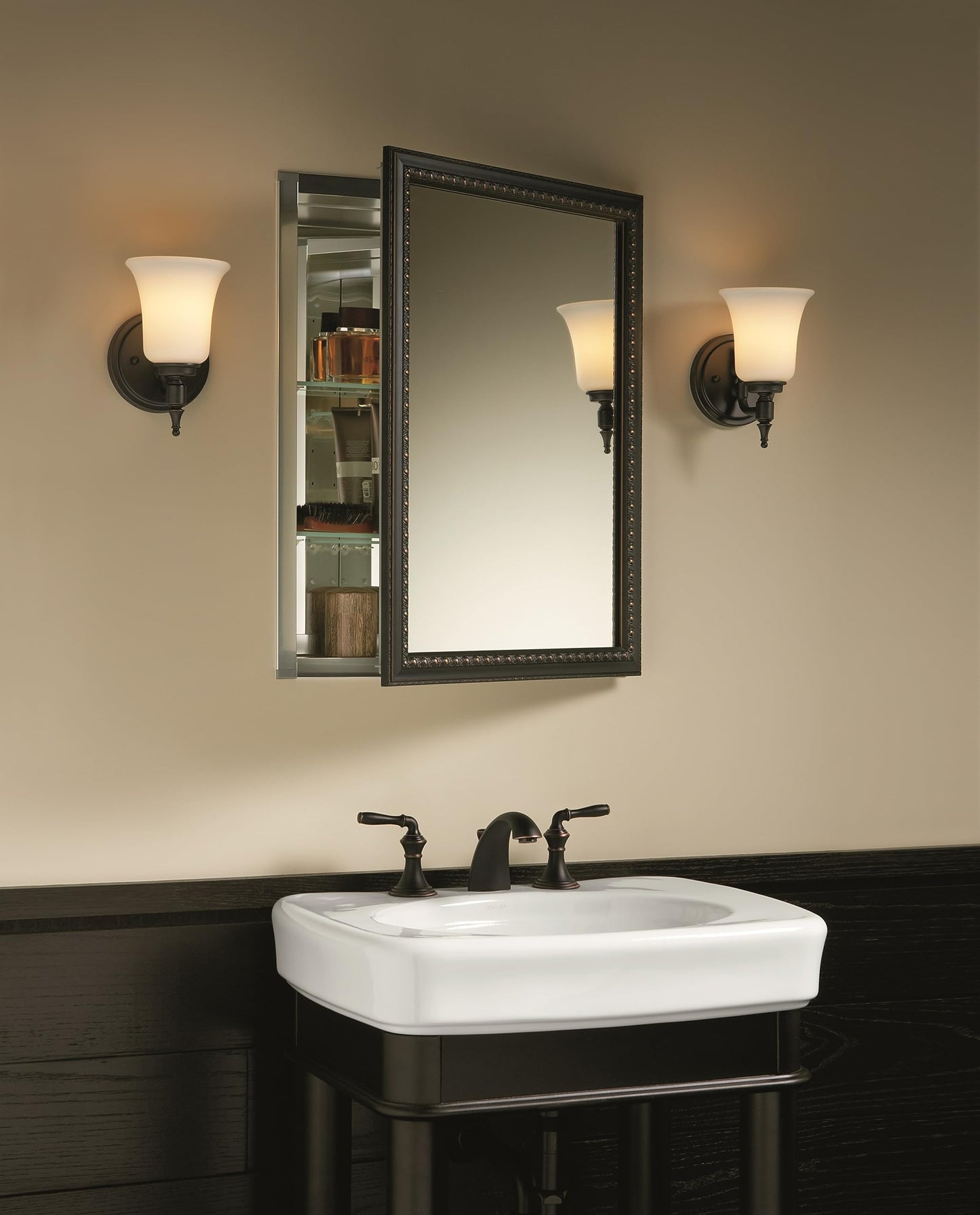 Kohler 2967-BR1 20" W x 26" H Bathroom Medicine Cabinet with Framed Mirror Door, Recessed or Surface Mount Bathroom Wall Cabinet, Oil-Rubbed Bronze