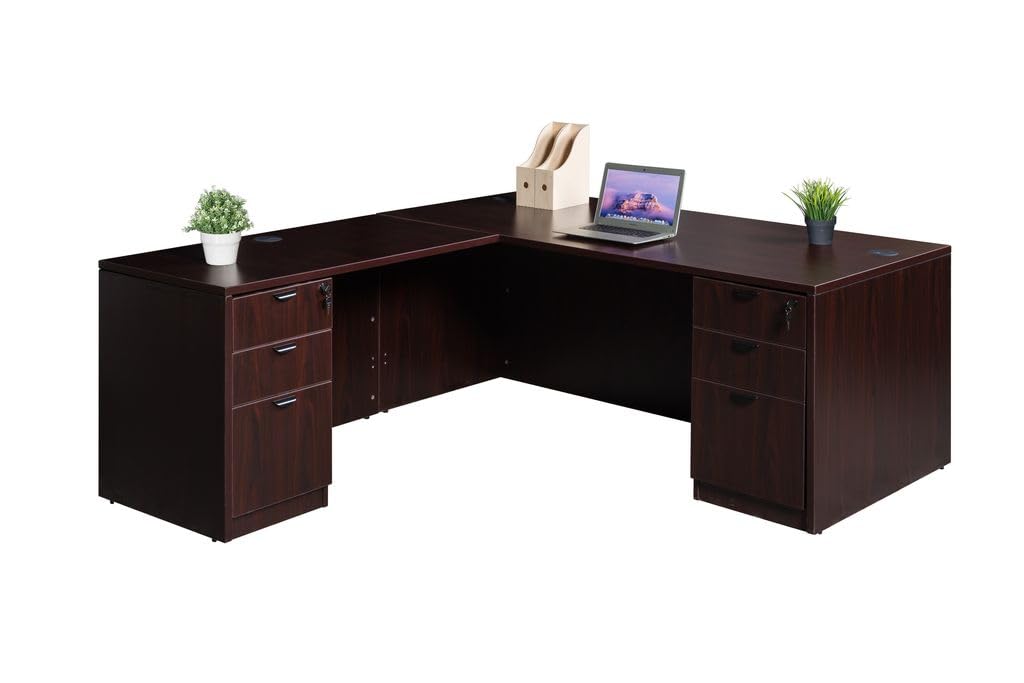 Boss Office Products Holland 71" Executive L-Shape Corner Desk with Dual File Storage Pedestals, Mahogany