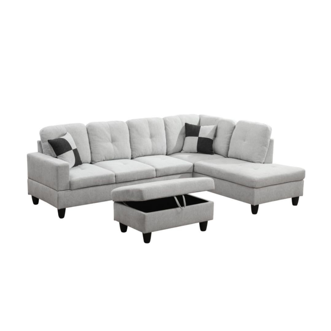 UOCFYK L-Shaped 3-Piece Flannel Sofa with Storage Ottoman Set, Sectional Couch Sofa Set for Living Room, Office, Small Space, Light Grey