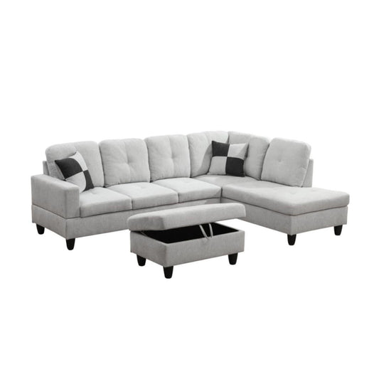 UOCFYK L-Shaped 3-Piece Flannel Sofa with Storage Ottoman Set, Sectional Couch Sofa Set for Living Room, Office, Small Space, Light Grey