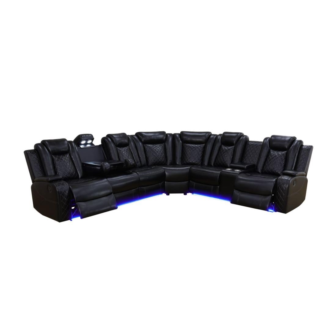 Reclining Sectional, Power Sectional Couch, Leather Sofa Set for Living Room, Comfy Home Theater Seating with USB 2.0 Charging Ports, LED Light Strips, Fold-Down Table & Cupholders (Black, 3-Piece)