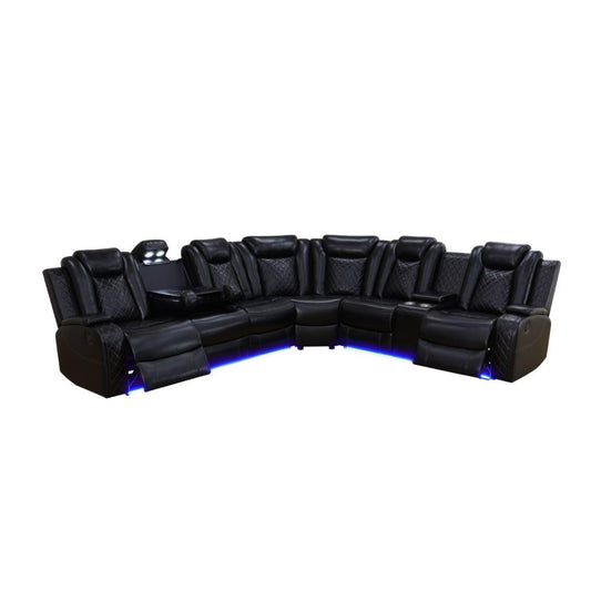 Reclining Sectional, Power Sectional Couch, Leather Sofa Set for Living Room, Comfy Home Theater Seating with USB 2.0 Charging Ports, LED Light Strips, Fold-Down Table & Cupholders (Black, 3-Piece)