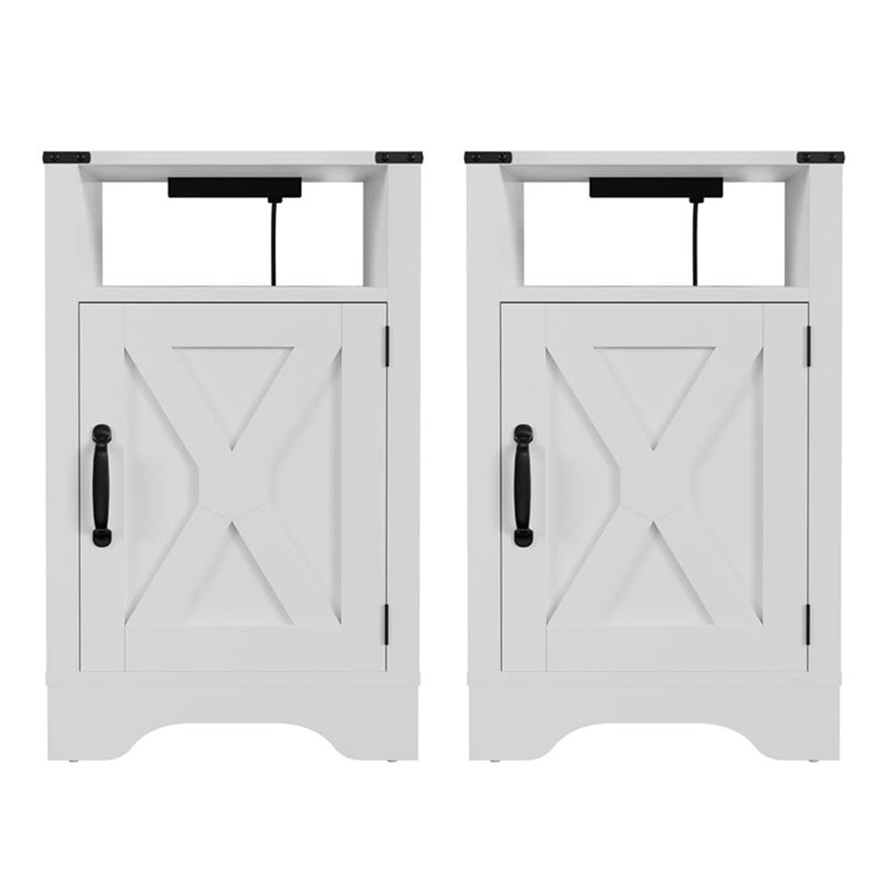 Pemberly Row Engineered Wood Nightstand Side End Tables, White Finish, Set of 2, 25.79 in H x 15.75 in W x 15.75 in D, Built-in Power Strip with USB Ports, Storage Cabinet and Open Shelf, Bedroom or