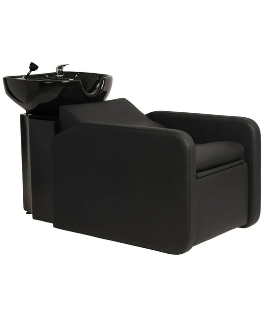 Buy-Rite Eclipse Lay-In Shampoo Backwash Unit for Salons & Barbershops - Porcelain Bowl with Hardware, Extra-Wide Reclining Seat, Kick-Out Leg Rest, Built-In Headrest & Lumbar Support, TS-8088-BLK