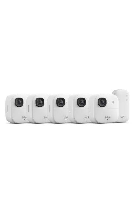 Blink Outdoor 2K+ (newest model) — Wireless smart security camera, 2K video resolution, enhanced audio, two-year battery. Sync Module Core included — 5 camera system (White)