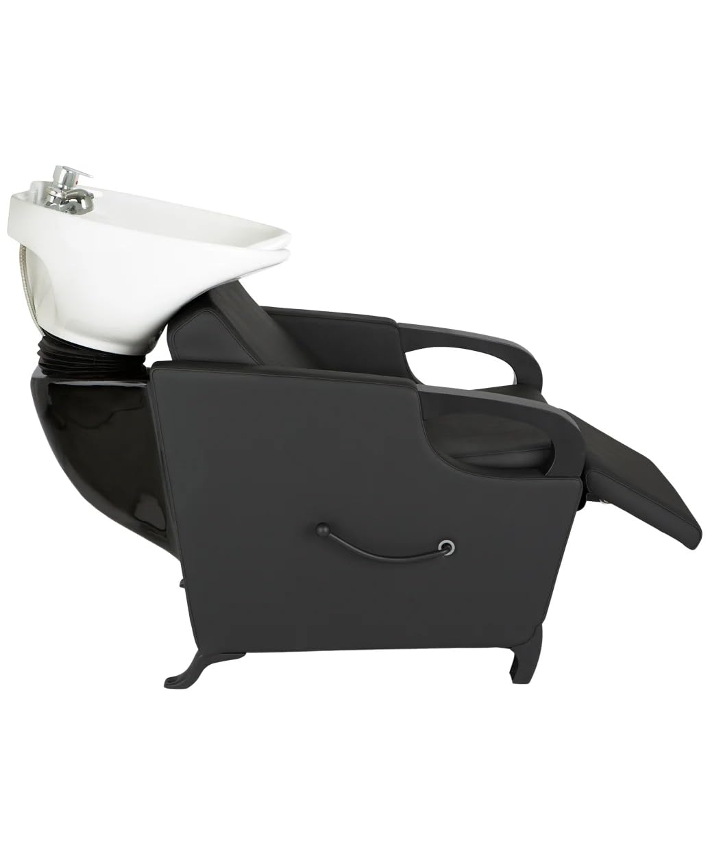 Buy-Rite Luna Noir Shampoo Backwash Unit for Professional Salons - Extra Wide Seat, Black Metal Armrests & Feet, Lever-Activated Leg Rest, Tilting White Porcelain Bowl, YLG-583-1-BLACK