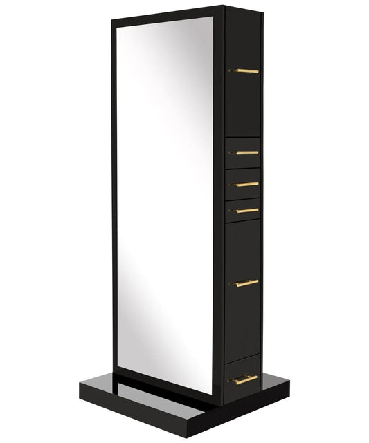 Buy-Rite Modena Double-Sided Styling Station for Professional Salons & Barbershops, Gloss Black, 2 Full-Length Mirrors, Storage Cabinets, Drawers, Slide-Out Tool Drawer, NIN-MD-01