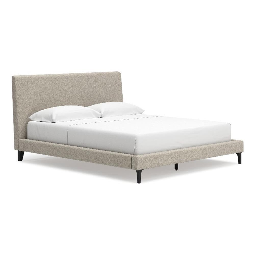 BOWERY HILL Contemporary California King Upholstered Bed, Beige Polyester Fabric, Engineered Wood Frame with Roll Slats, Low Profile Design, Modern Style for Bedroom, No Box Spring Required