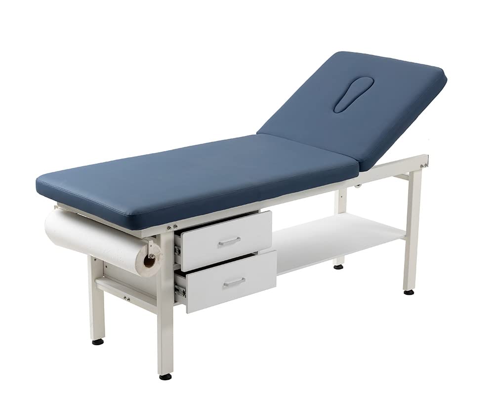 Carenovo 27.6" Width Comfortable Fixed Height Medical Exam Table Backrest Adjustable with Paper Holder and Breath Hole & Two Drawer for Clinic Lab Treatment (Blue)