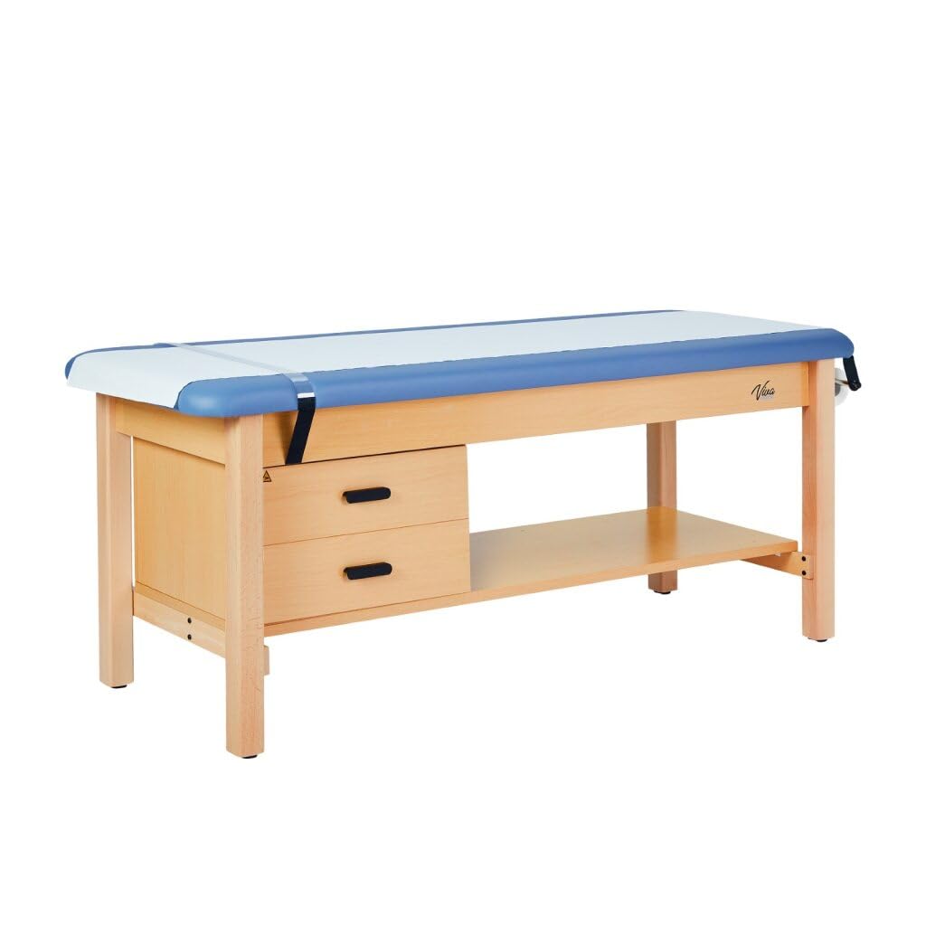 Vivacomfort Aristo H-Brace European Beechwood Flat Treatment Table with Shelf and Drawers, 500 lbs Weight Capacity, Blue