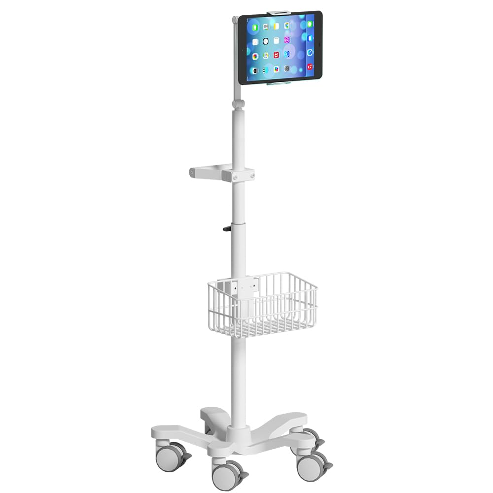 Medical Mobile Tablet Trolley, Height Adjustable with Storage Basket & Swivel Arm, Compatible with iPad & Intraoral Scanners