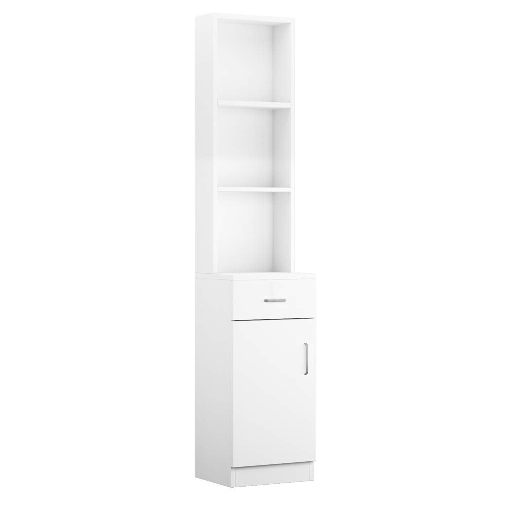 WZONICE98 Standing Barber Cabinet with 5 Compartments 1 Drawer and 1 Door MDF Salon Storage Station White Professional Stylist Organizer for Hair Salon Spa