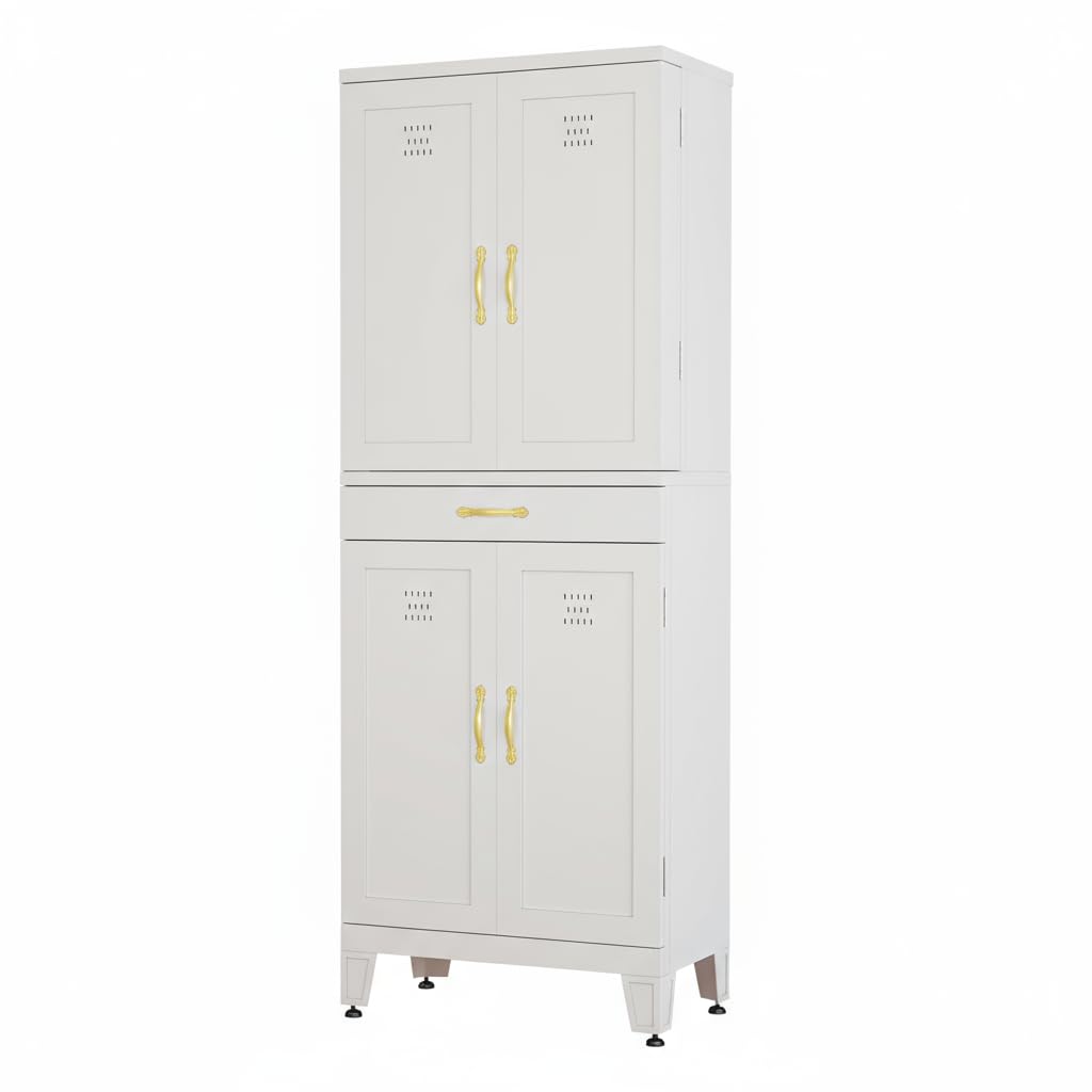 DWVO Metal Storage Cabinet, 71" Kitchen Pantry Cabinet with 4 Door & 4 Adjustable Shelves & Drawer & Door Rack, 6-Tier Tall White Steel Cabinets for Kitchen, Living Room, Dining Room