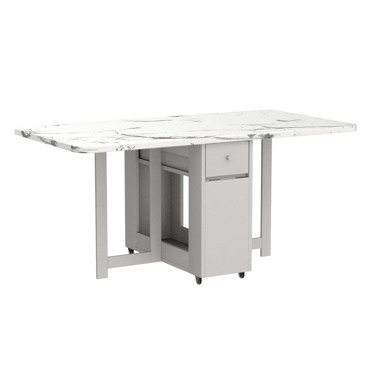 FUNROLUX Folding Dining Table with Rack and 2 Storage Drawers, Movable Extendable Space Saving Kitchen Table in 3 Forms (White)