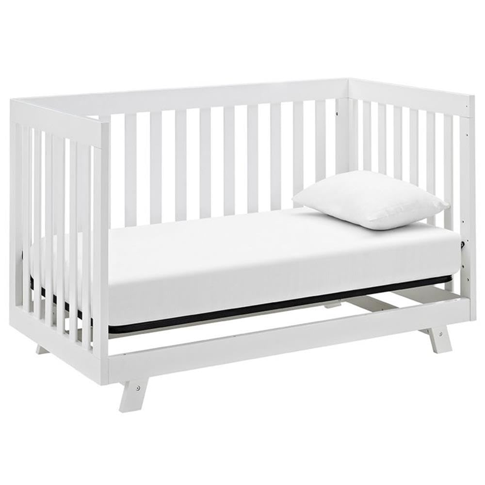 Pemberly Row 3-in-1 Convertible Crib, Pine Wood, Adjustable Base, White Finish, 34" H x 53.7" W x 29.5" D, Mid-Century Modern Design, Toddler Bed and Daybed Option, JPMA Certified Nursery Furniture