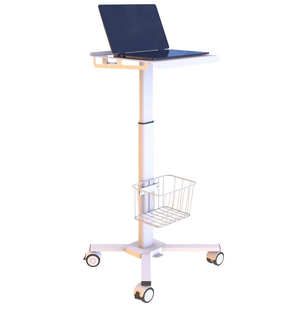 Mount Plus C01 Height Adjustable Mobile Medical Tablet Cart with Wheels and Tablet Enclosure Basket Storage | Medical Trolley for Hospital Clinic Beauty Salon | Pneumatic Mobile iPad Workstation