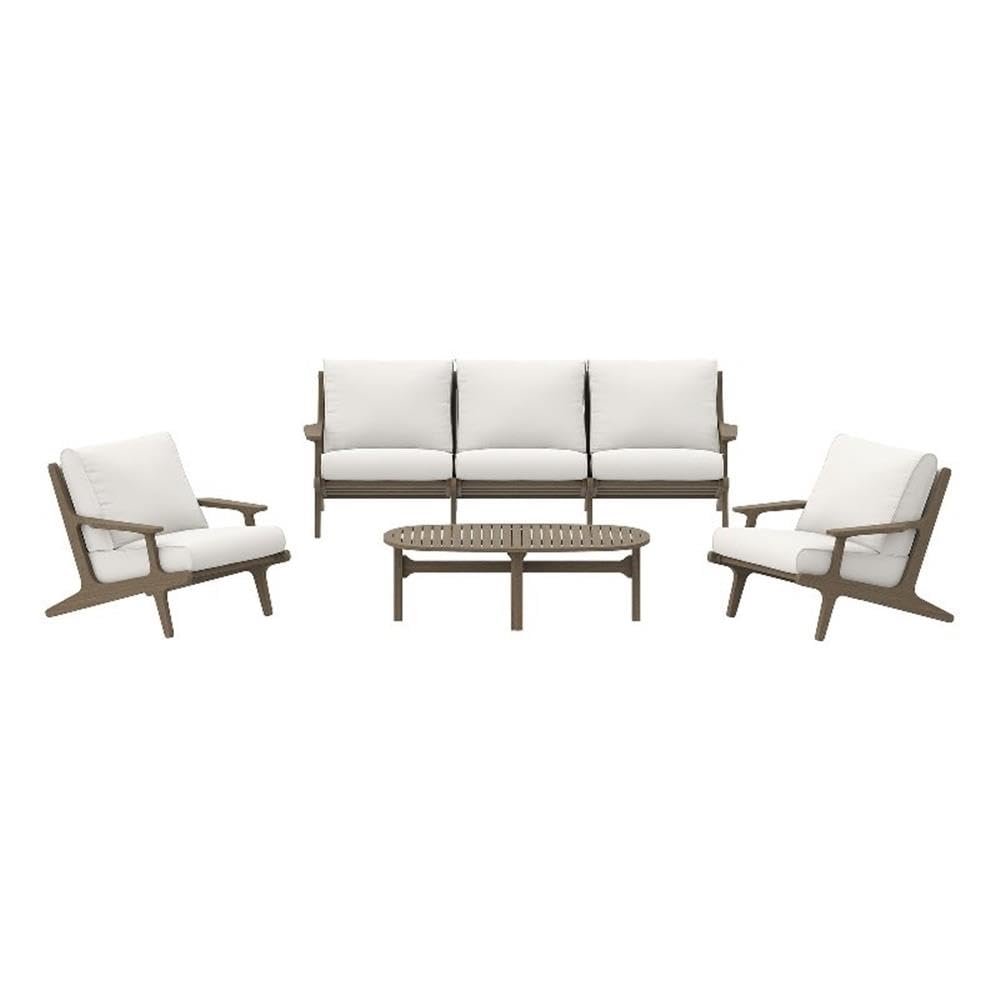 Modway Saratoga 4-Piece Teak Wood Outdoor Furniture Set in Weathered Gray White - Patio Conversation Set with Sofa, 2 Armchairs, and Coffee Table