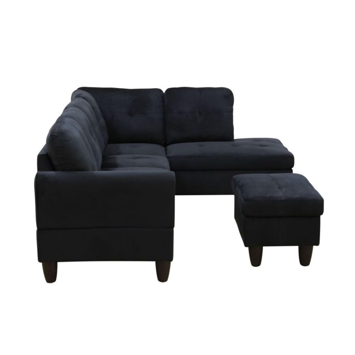UOCFYK Black L-Shaped 3-Piece Flannel Sofa with Storage Ottoman Set, Sectional Couch Sofa Set for Living Room, Office, Small Space