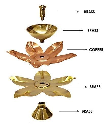 Craftsman Brass Copper Diya Set - 6 Pc Lotus Flower Petals for Diwali Home Temple Decoration, Model LD
