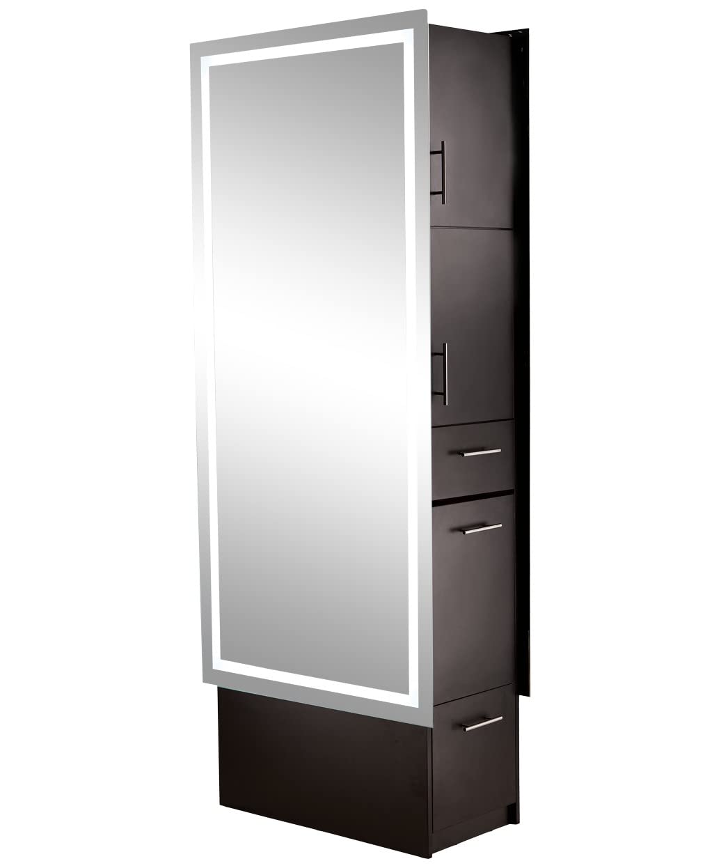 Pibbs 9110 Lumina LED Double Sided Salon Station for Two Stylists - Dual Full-Length LED Mirrors, Appliance Pull-Outs, Storage Drawers & Cabinets, Black Modern Finish, PIB-9110-B2B-BLK