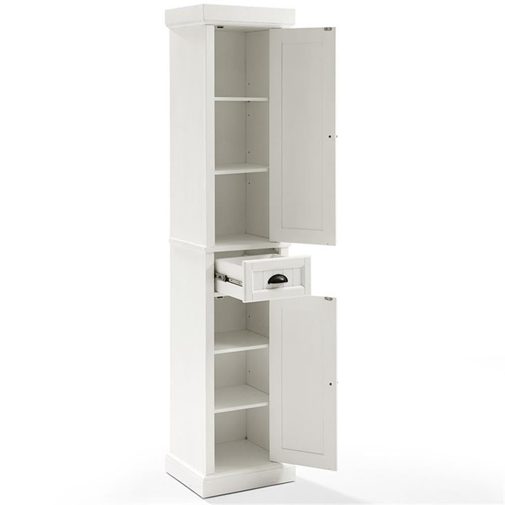Crosley Furniture Seaside Tall Linen Storage Cabinet and Bathroom Organizer with a Drawer and Shelves, Distressed White