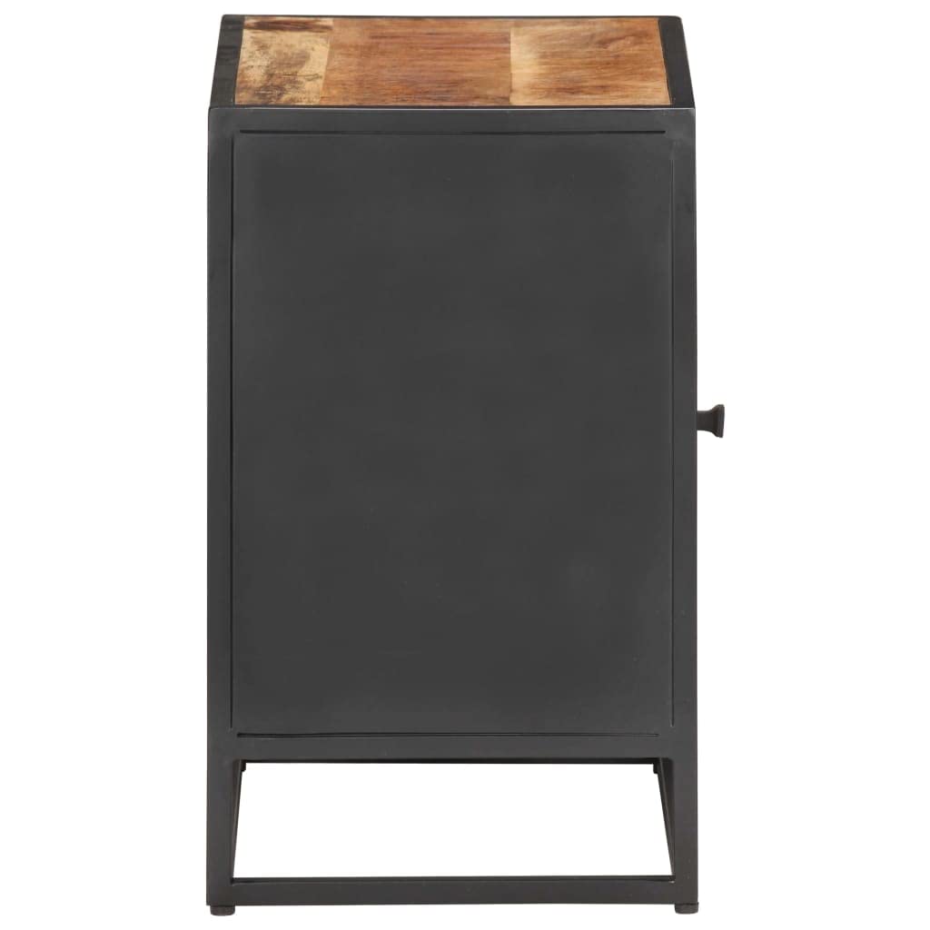 KGFHERENB Bedside Cabinet, 15.7"x11.8"x19.7" Rustic Solid Rough Mango Wood Nightstand with Hand-Woven Natural Cane Door, Iron Frame Side Table with Storage for Bedroom and Living Room