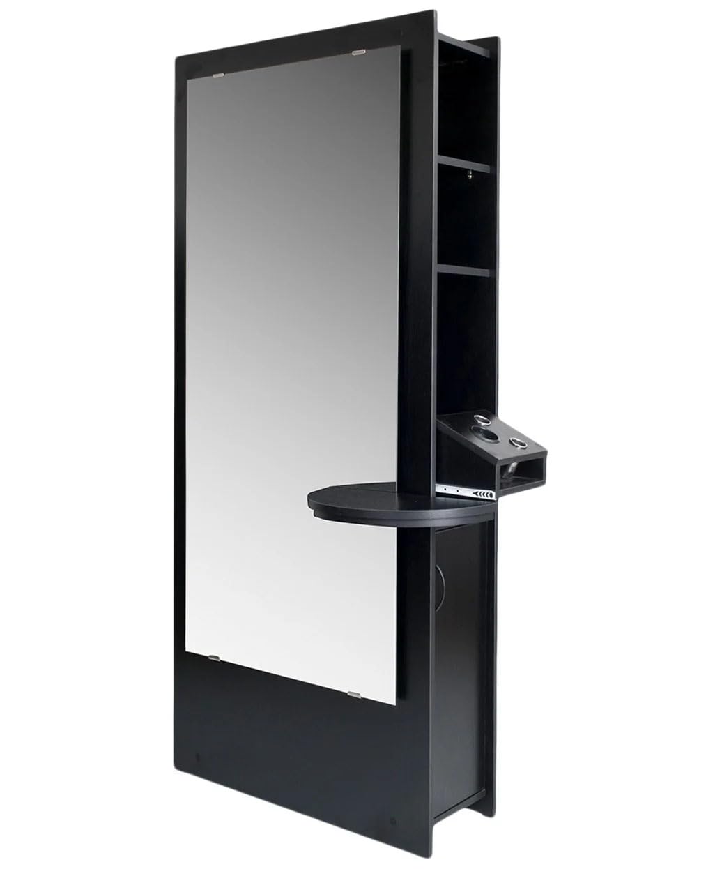 Buy-Rite Allegro Hair Styling Station, Black Salon Cabinet with Full-Length Mirror, Slide-Out Appliance Organizer, Quick-Access Tool Holder, 9 Storage Compartments, OD-1903B-BLK