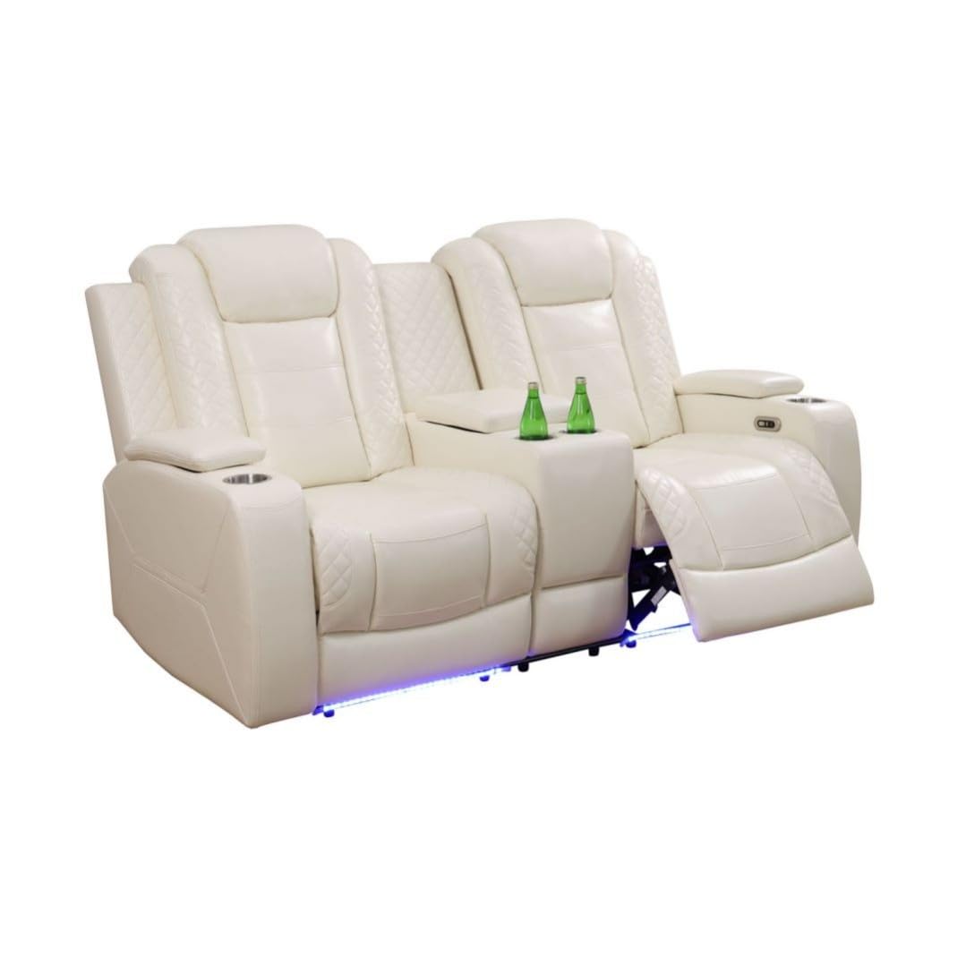 UOCFYK Electric Power Recliner Loveseat Set Living Room Furniture, Comfy Home Theater Breathing Leather Seating with USB 2.0 Charging Ports, LED Light Strips, Mid Console and Cupholders (White-2)