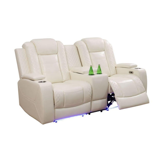 UOCFYK Electric Power Recliner Loveseat Set Living Room Furniture, Comfy Home Theater Breathing Leather Seating with USB 2.0 Charging Ports, LED Light Strips, Mid Console and Cupholders (White-2)