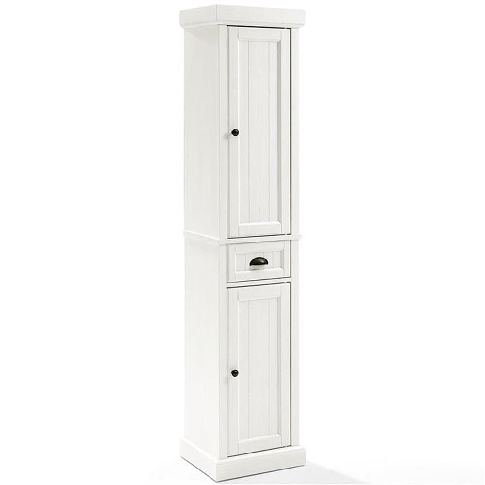 Crosley Furniture Seaside Tall Linen Storage Cabinet and Bathroom Organizer with a Drawer and Shelves, Distressed White