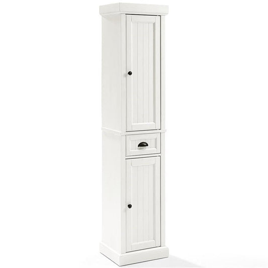 Crosley Furniture Seaside Tall Linen Storage Cabinet and Bathroom Organizer with a Drawer and Shelves, Distressed White