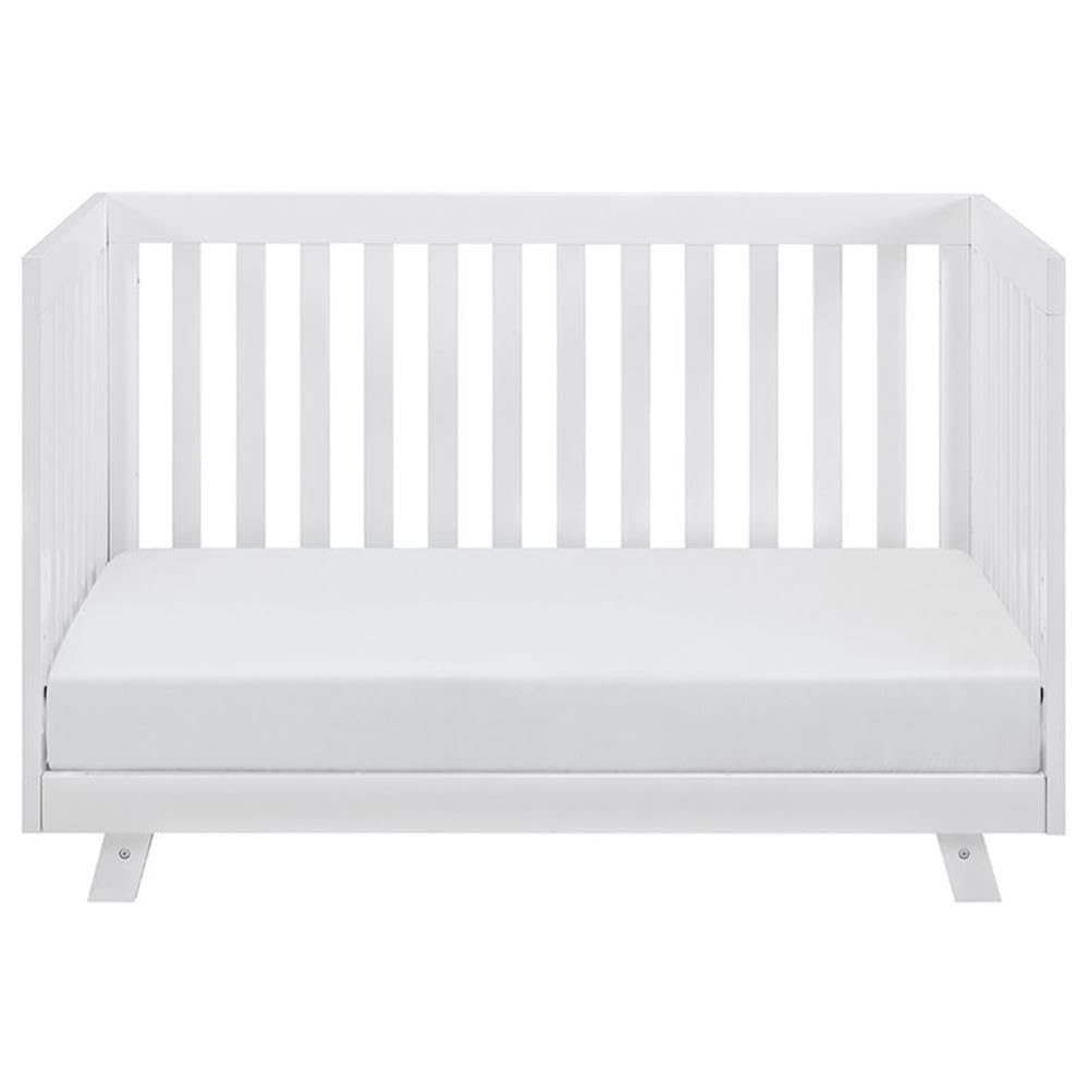 Pemberly Row 3-in-1 Convertible Crib, Pine Wood, Adjustable Base, White Finish, 34" H x 53.7" W x 29.5" D, Mid-Century Modern Design, Toddler Bed and Daybed Option, JPMA Certified Nursery Furniture
