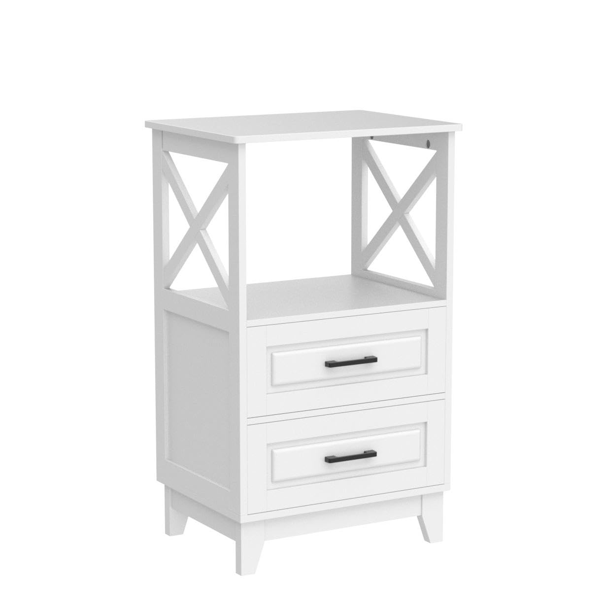 White Nightstand with 2 Storage Drawers Cabinet, Tall End Table with Wooden X-Design for Bedroom,Living Room, White