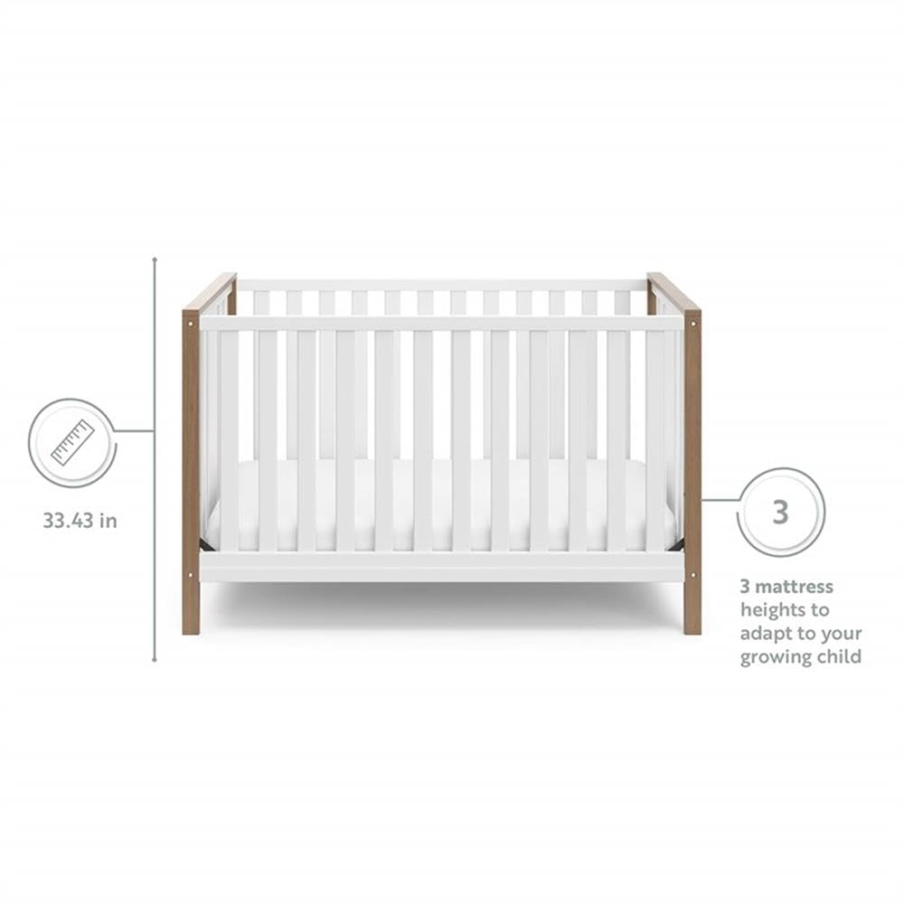 Pemberly Row Wood 4-in-1 Convertible Crib, 54.57 in Wide, Adjustable Mattress Base, White/Driftwood Two-Tone Finish, JPMA Certified Nursery Bed, Converts to Toddler Bed, Daybed, Full-Size Bed