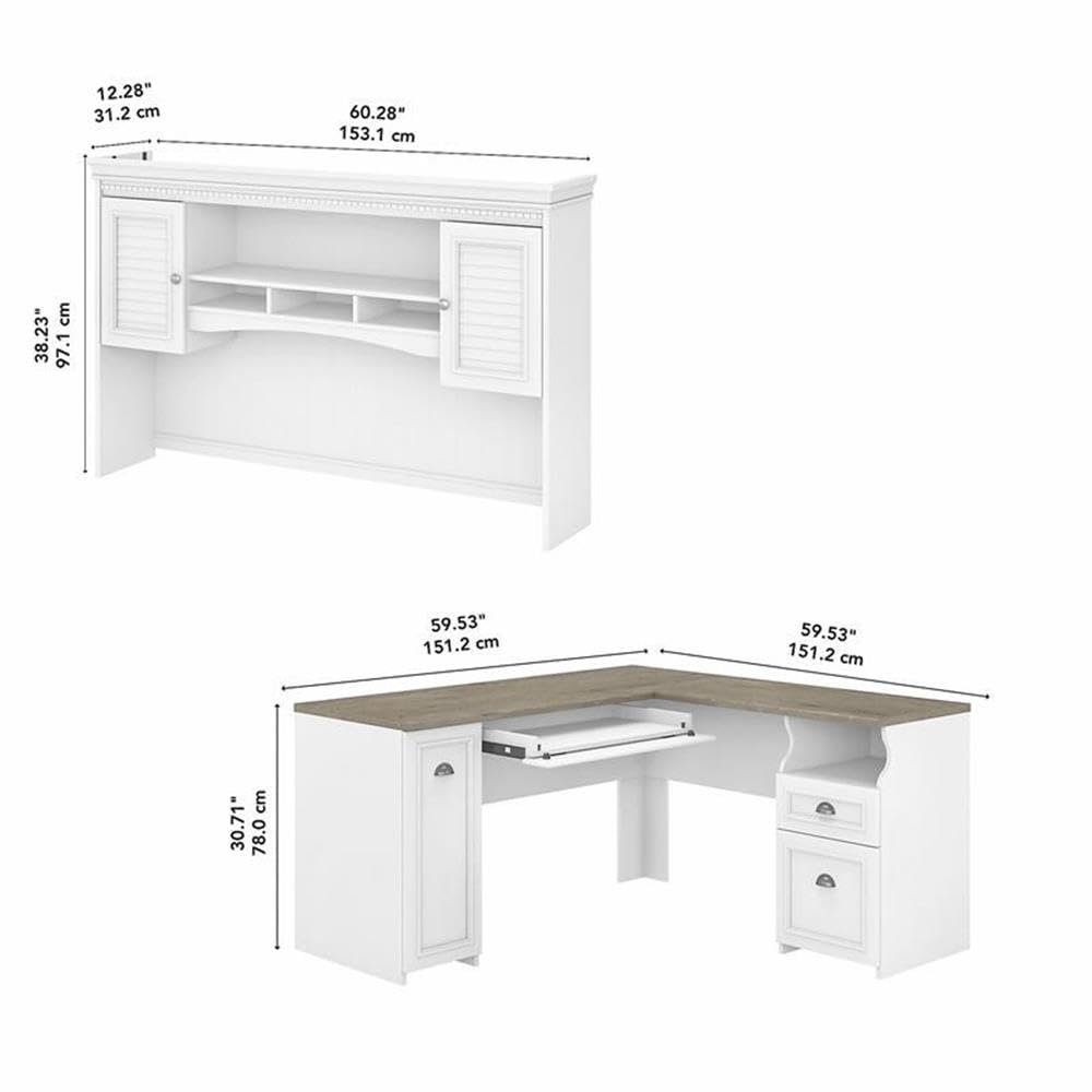 Hutch includes closed storage with framed louvered doors, three work-in-process cubby shelves and large center shelf