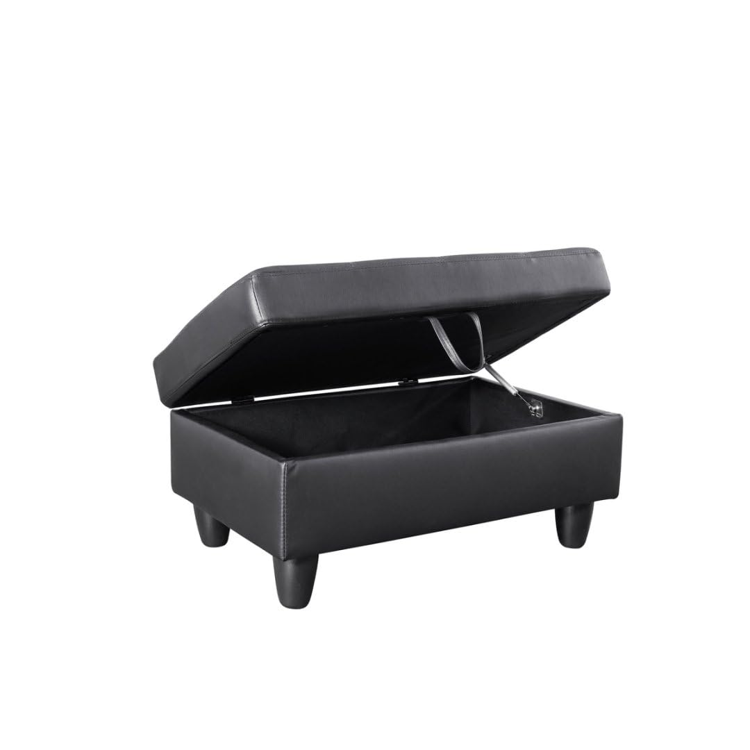 UOCFYK Black L-Shaped 3-Piece Faux Leather Sofa with Storage Ottoman Set, Sectional Couch Leather-Like Sofa Set for Living Room, Office, Small Space
